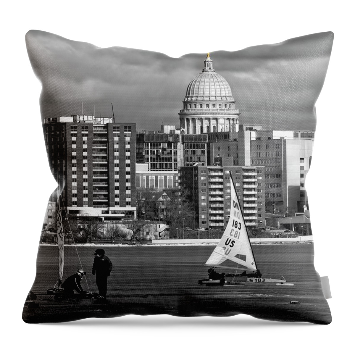Ice Boats Throw Pillow featuring the photograph Ice boats and Capitol, Madison, Wisconsin by Steven Ralser