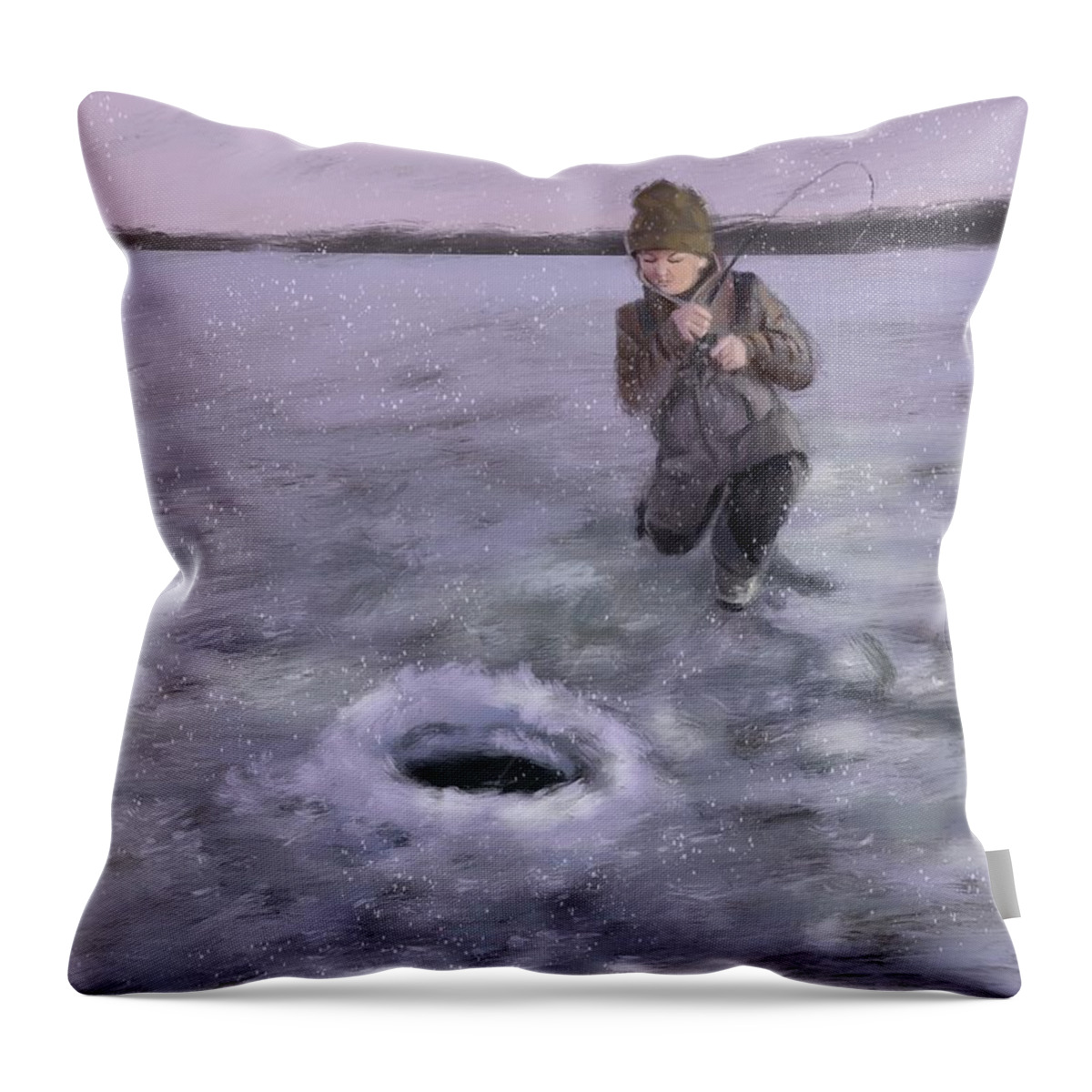 Ice Fishing Throw Pillow featuring the painting Ice Fishing by Larry Whitler