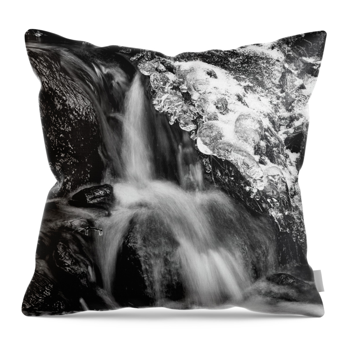Jouko Lehto Throw Pillow featuring the photograph Ice jevels by the brook 3 bw by Jouko Lehto