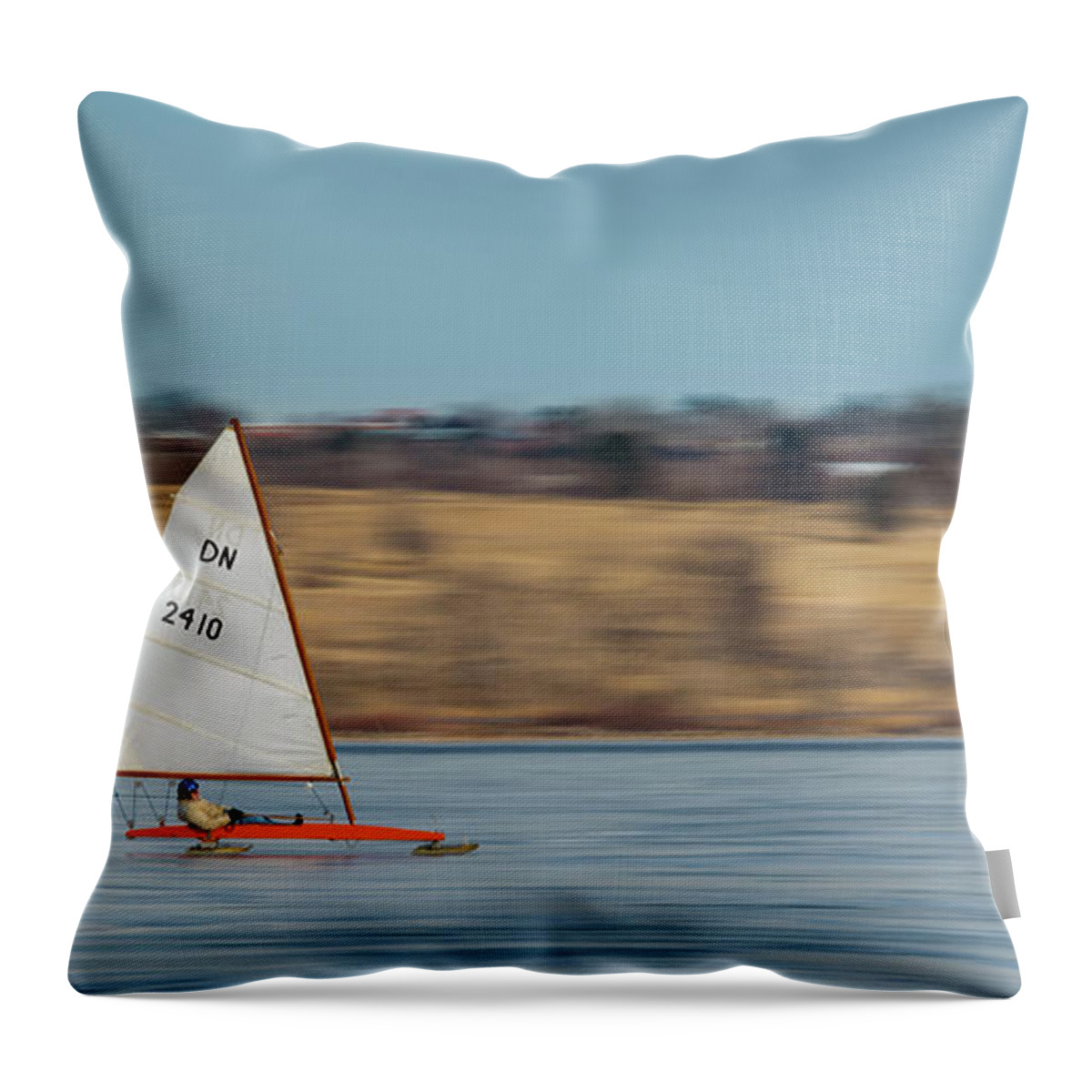 Iceboat Throw Pillow featuring the photograph Iceboat - color by Stephen Holst