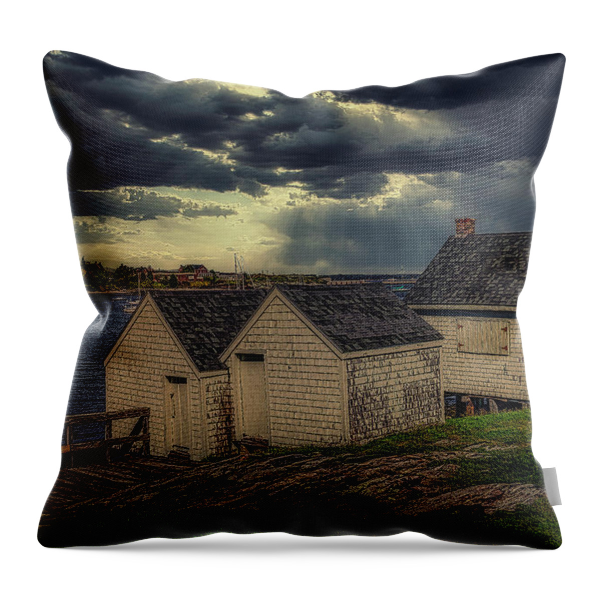 Willard Beach Throw Pillow featuring the photograph Iconic Fishing Shacks by Penny Polakoff