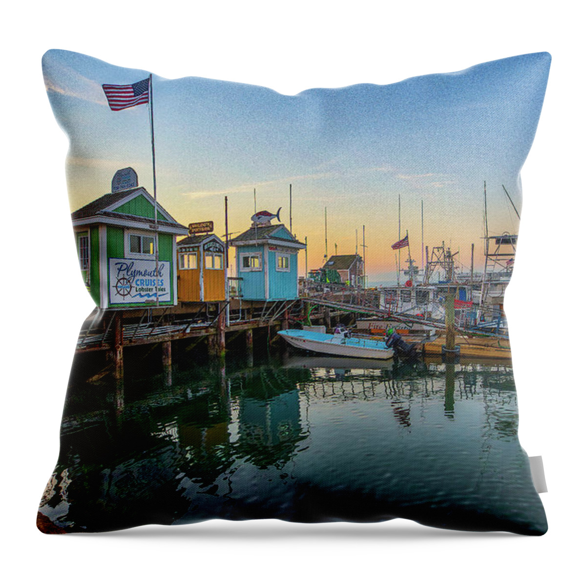 Plymouth Harbor Throw Pillow featuring the photograph Iconic Plymouth Harbor Whale Watching Deep Sea Fishing Harbor Cruises Tickets Booths by Juergen Roth