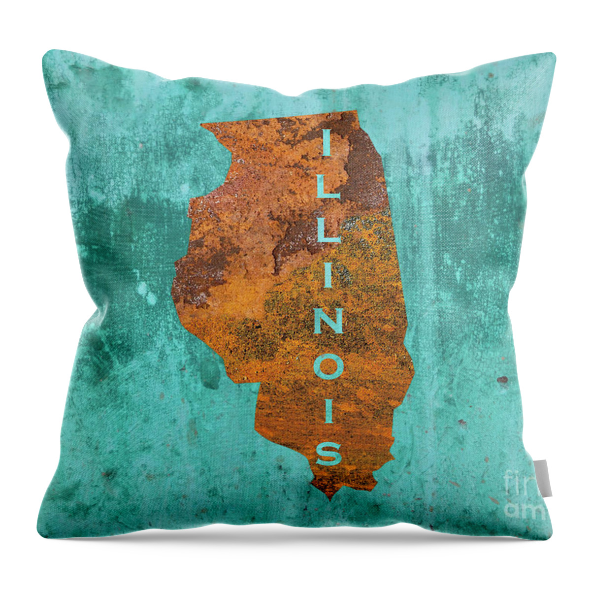 Illinois Throw Pillow featuring the mixed media Illinois Rust on Teal by Elisabeth Lucas