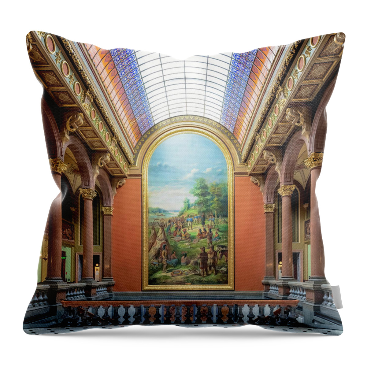 Illinois State Capitol Throw Pillow featuring the photograph Illinois State Capitol - Grand Staircase Mural by Susan Rissi Tregoning