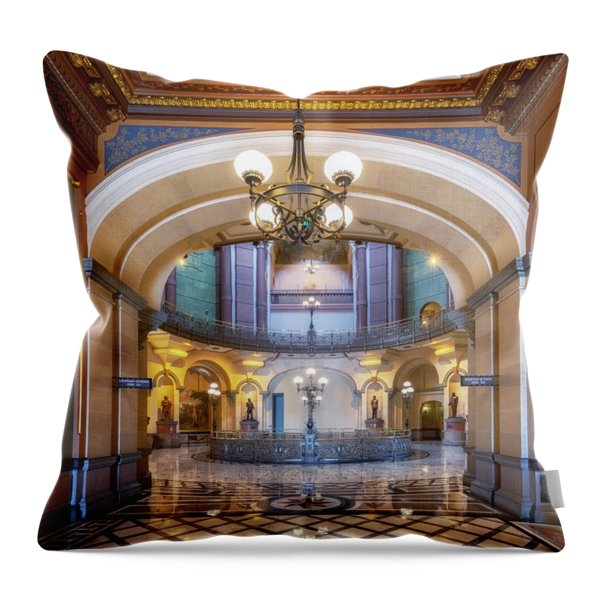 Illinois State Capitol Throw Pillow featuring the photograph Illinois State Capitol Interior - Second Floor Rotunda by Susan Rissi Tregoning