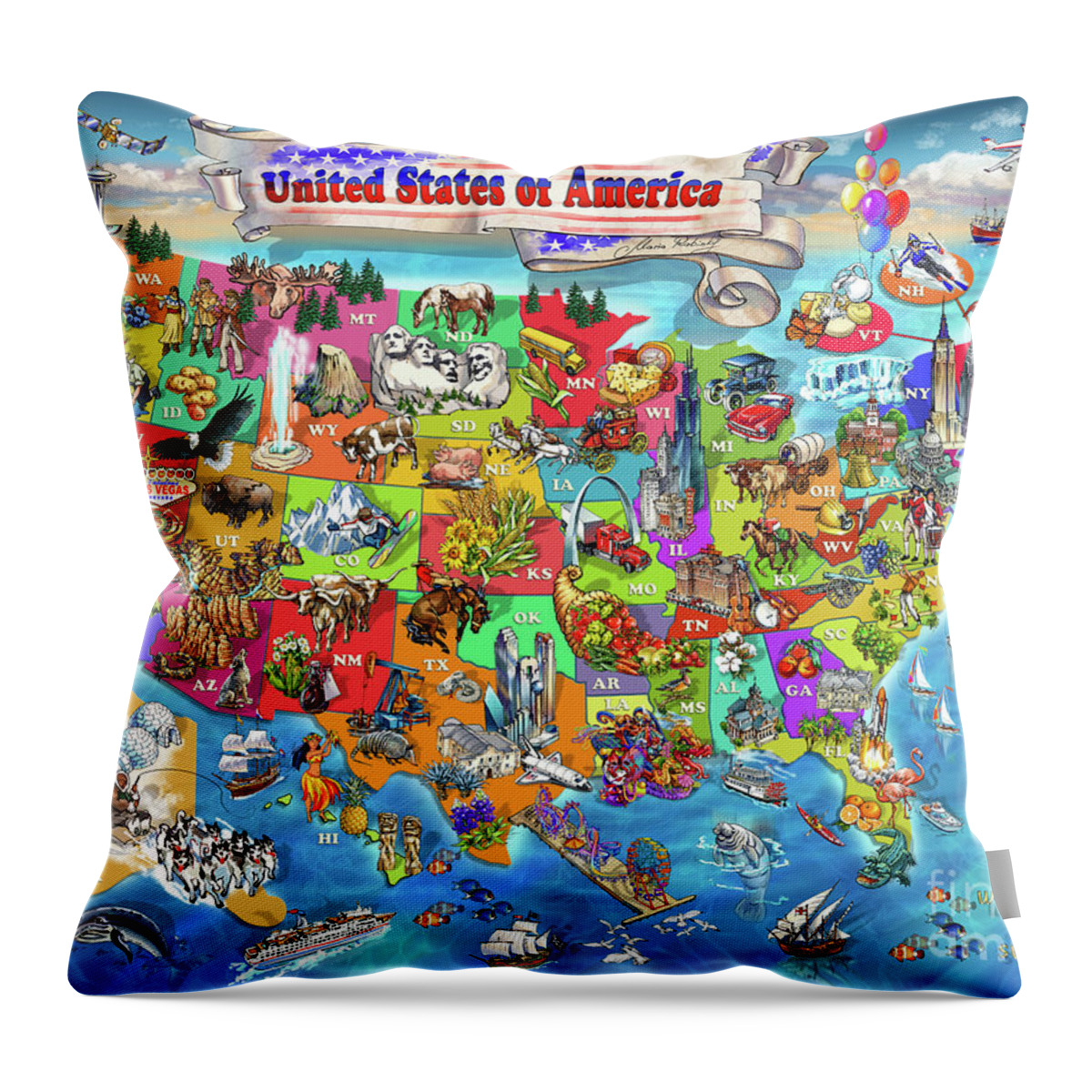 Children's Illustrated Map Of The Usa Throw Pillow featuring the digital art Illustrated Map of the USA by Maria Rabinky