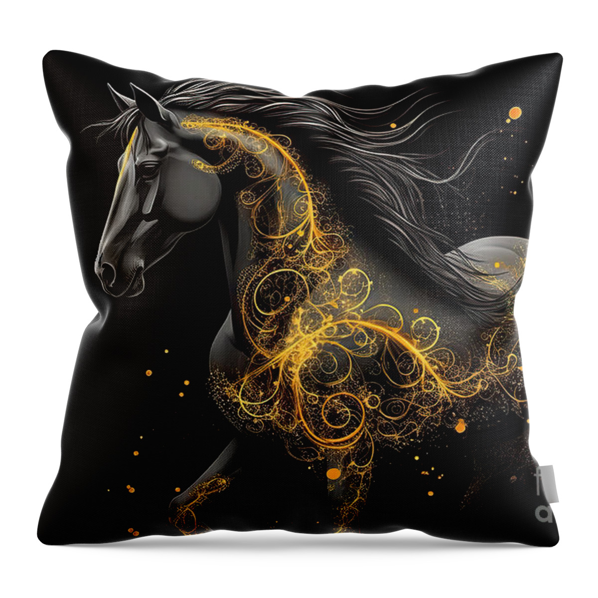 Horse Throw Pillow featuring the painting Illustration of a horse in black and yellow tones on a dark back by N Akkash