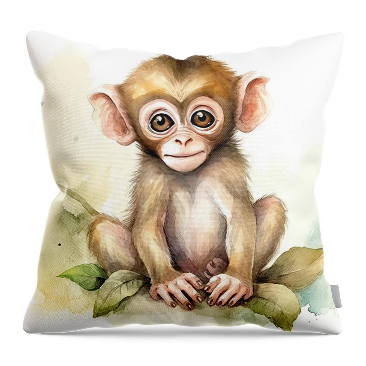 Cute Throw Pillow featuring the painting Illustration of watercolor cute baby monkey, by N Akkash