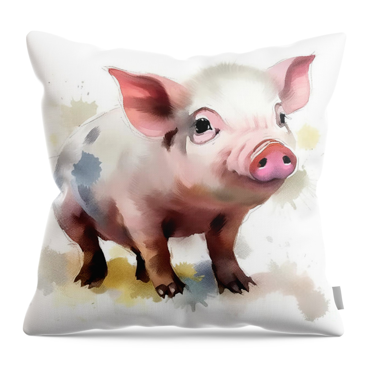 Cute Throw Pillow featuring the painting Illustration of watercolor cute baby pig, by N Akkash