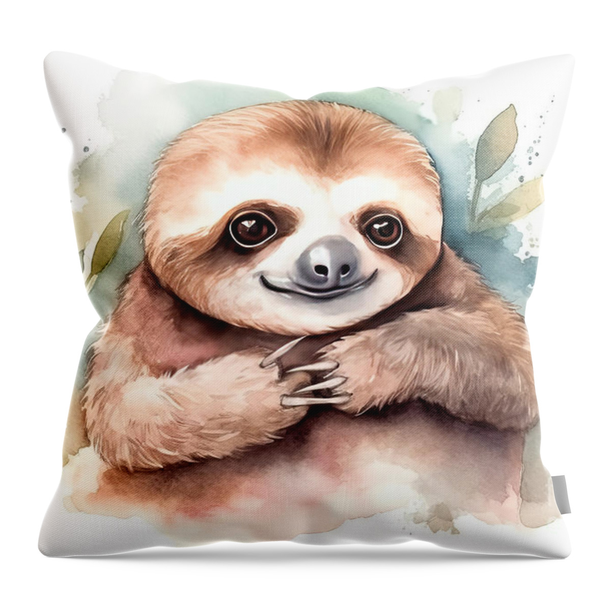 Cute Throw Pillow featuring the painting Illustration of watercolor cute baby sloth, by N Akkash