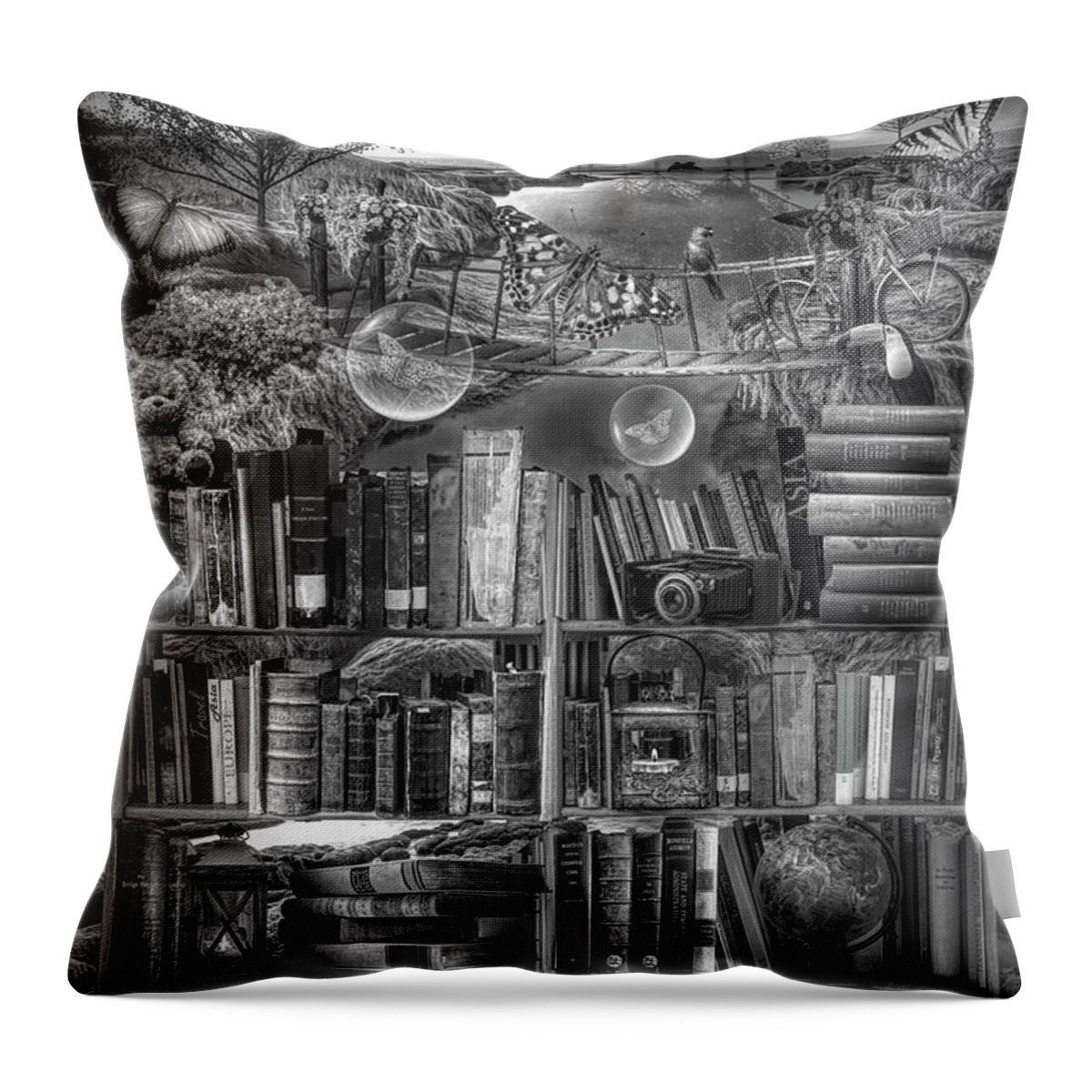 Birds Throw Pillow featuring the digital art Imagination through Reading Books in Black and White by Debra and Dave Vanderlaan