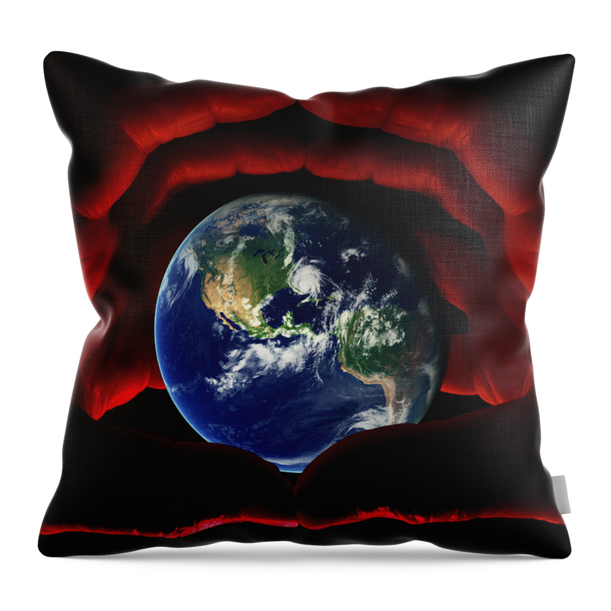 Earth Throw Pillow featuring the photograph In Our Hands - Earth viewed from space grasped within globed hands by Peter Herman