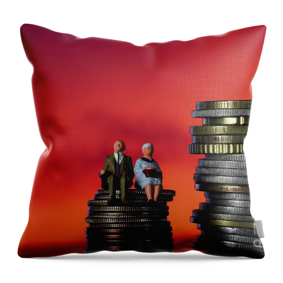 Return Throw Pillow featuring the photograph Income Tax Campaign Spain. Old Couple sitting on coin stack.. Declaracion de la Renta. Macro by Pablo Avanzini