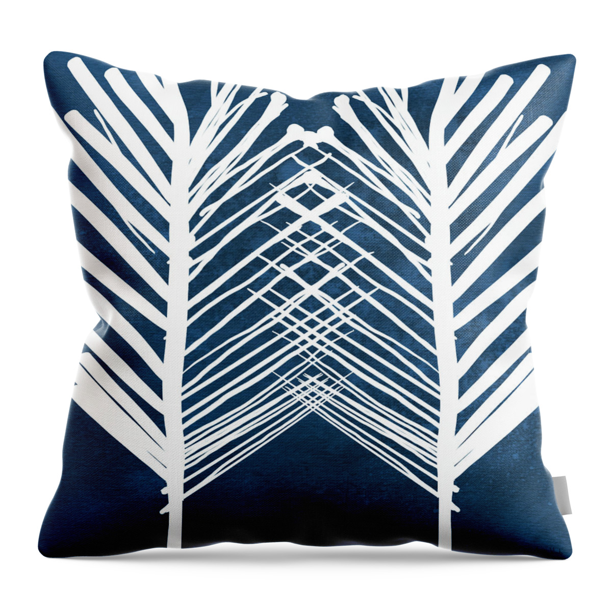 Leaves Throw Pillow featuring the painting Indigo and White Leaves- Abstract Art by Linda Woods