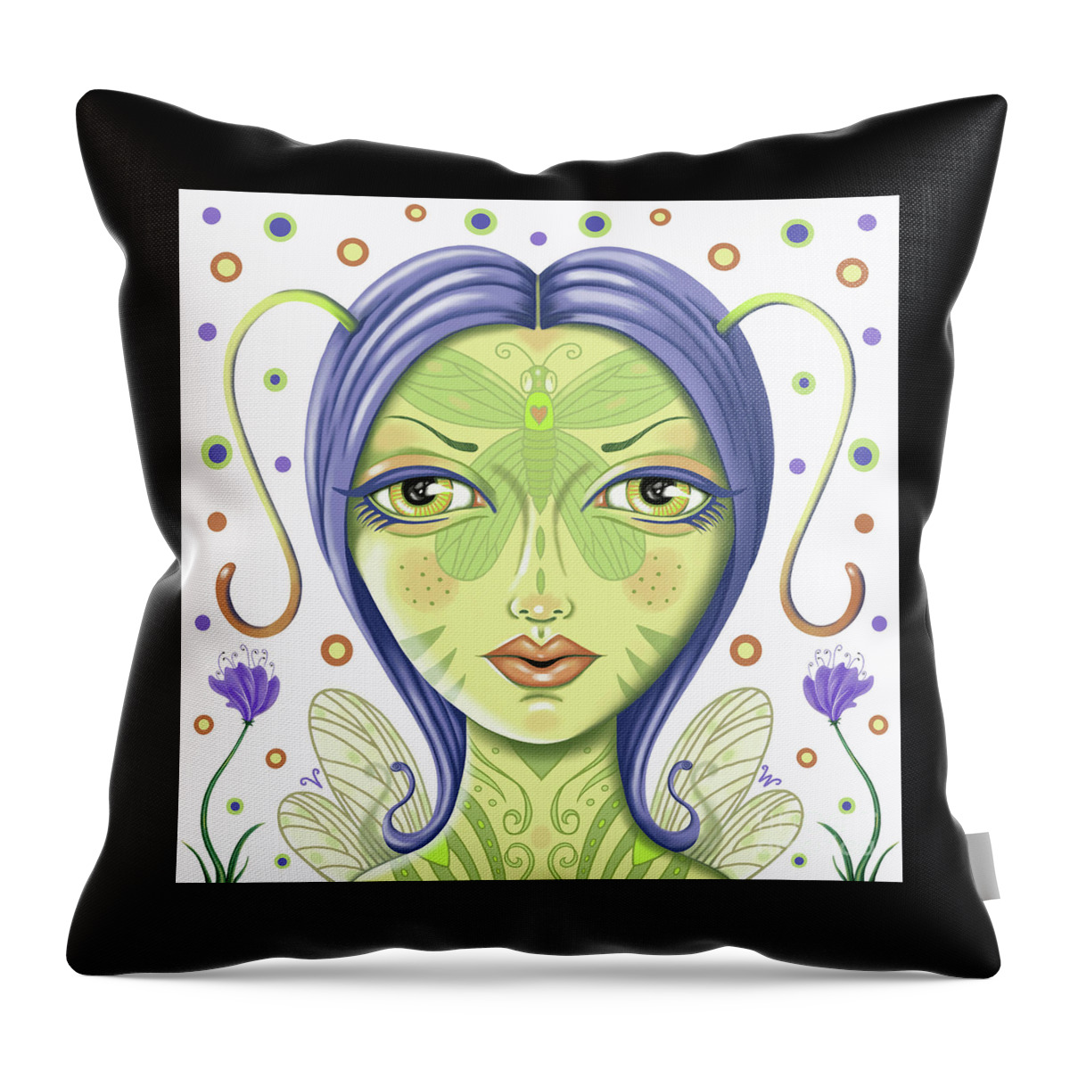 Fantasy Throw Pillow featuring the digital art Insect girl, Antennette - Sq.White by Valerie White