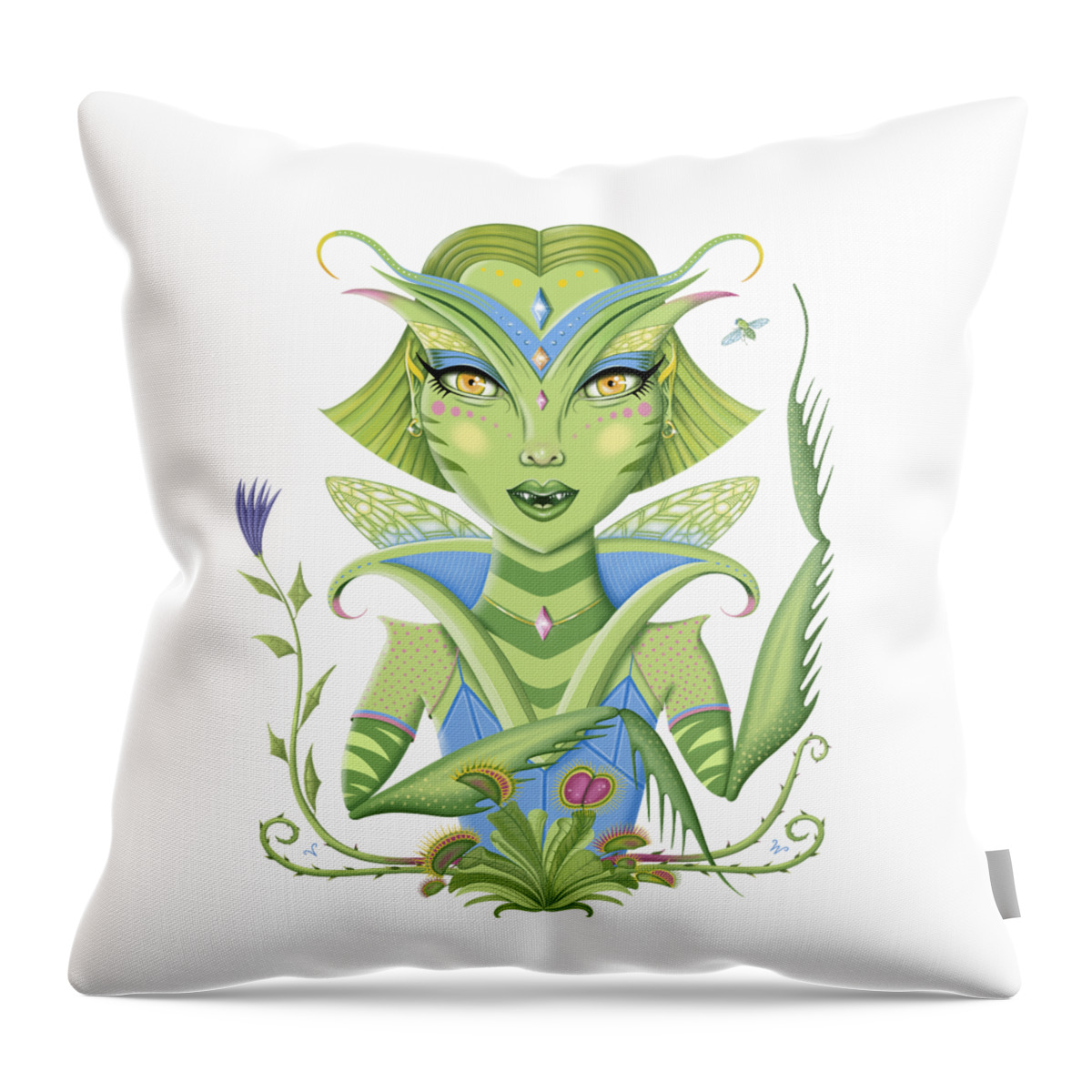 Fantasy Throw Pillow featuring the digital art Insect Girl, MantisAnne with Venus Fly Traps by Valerie White