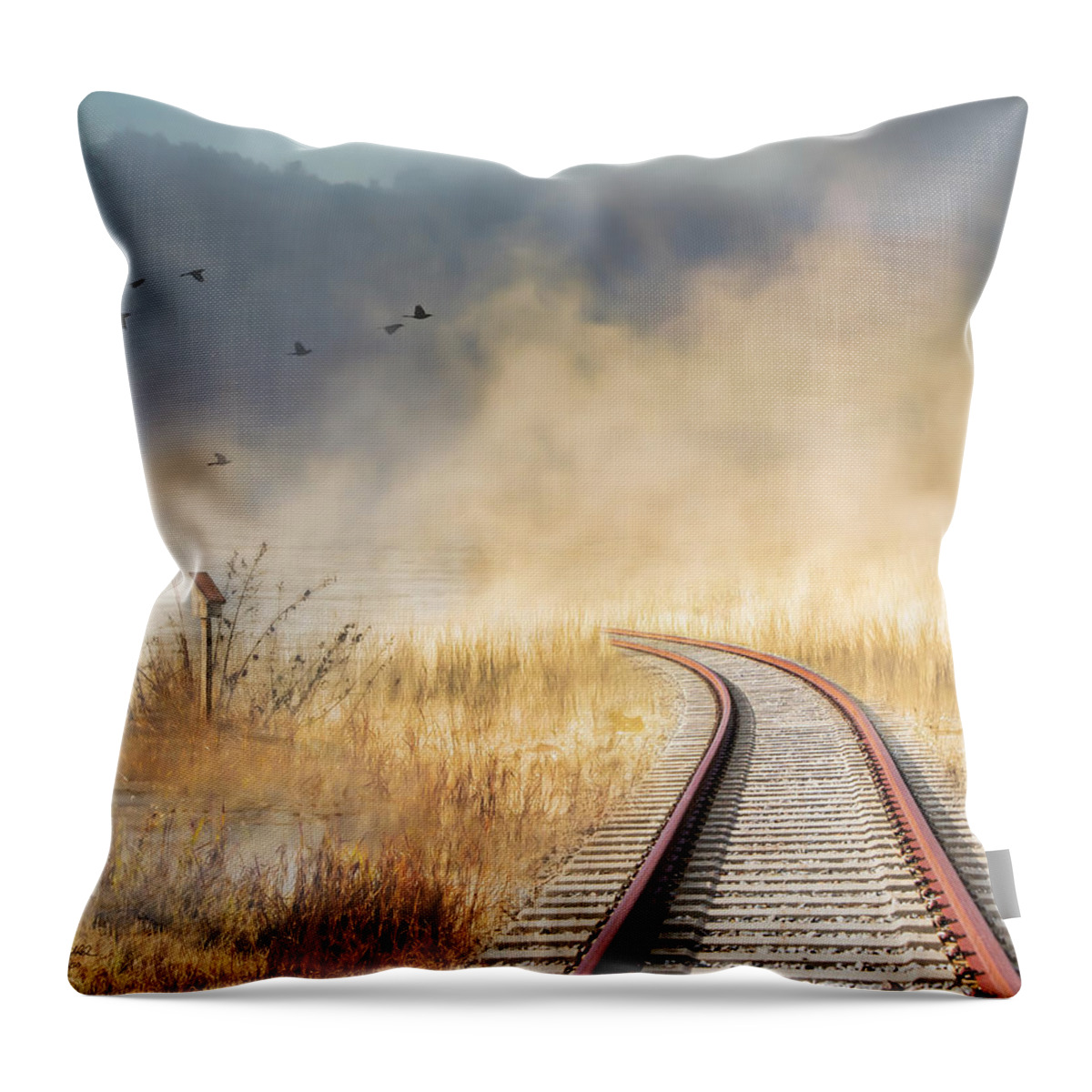 Train Tracks Throw Pillow featuring the photograph Into the Mist - Limited Edition by Shara Abel