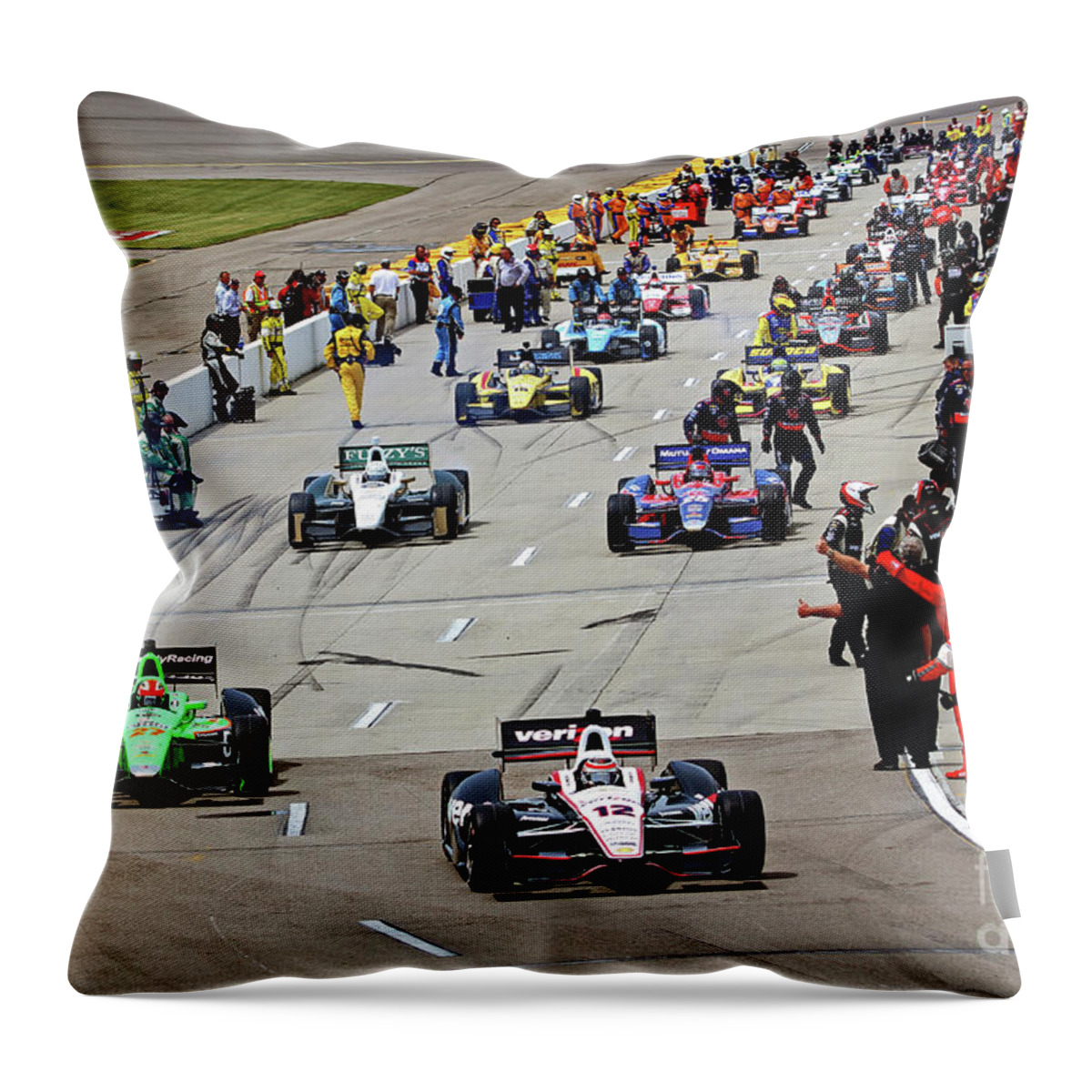 Indycar Throw Pillow featuring the photograph Cars leave the pits, Iowa Corn 250 Iowa Speedway 2013 by Pete Klinger