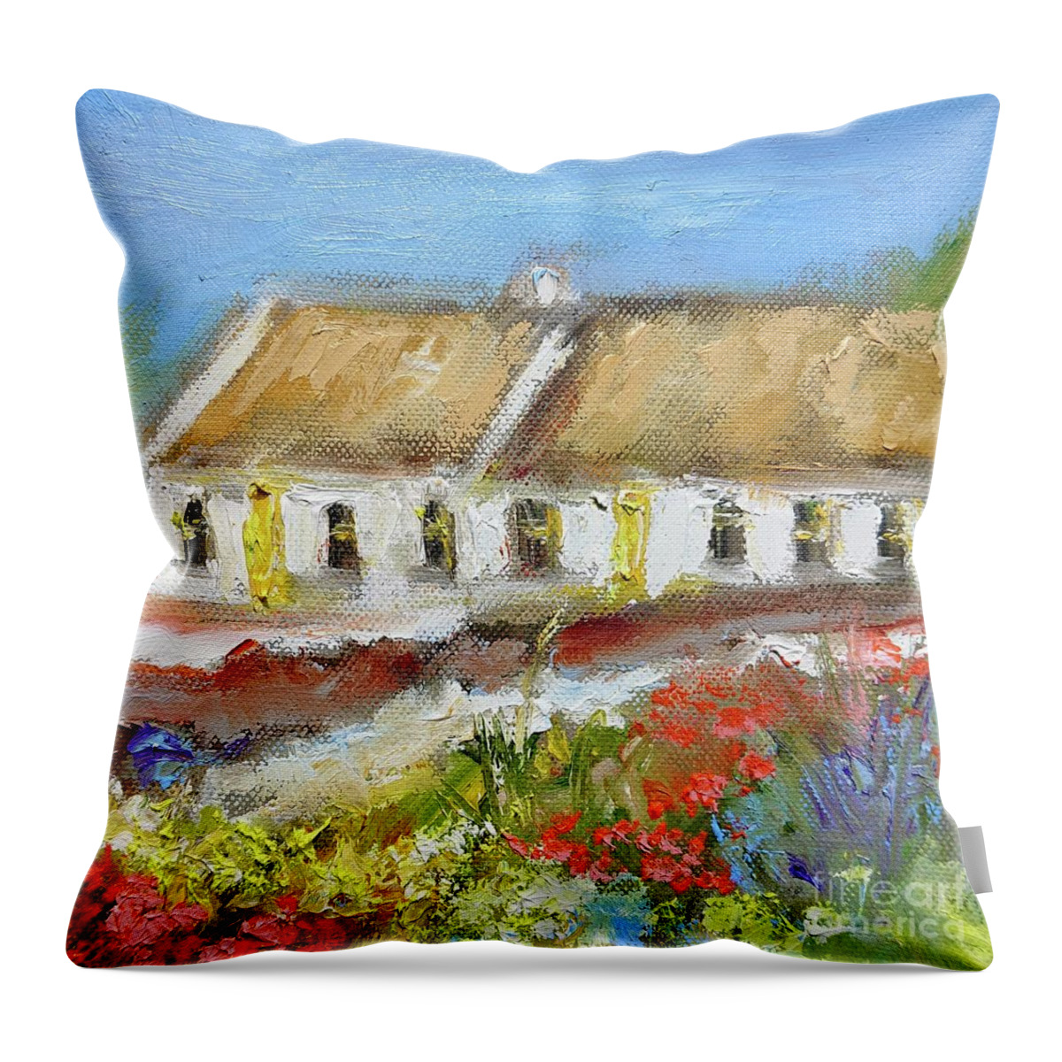 Cottages Throw Pillow featuring the painting Cottages from achill inisherin by Mary Cahalan Lee - aka PIXI