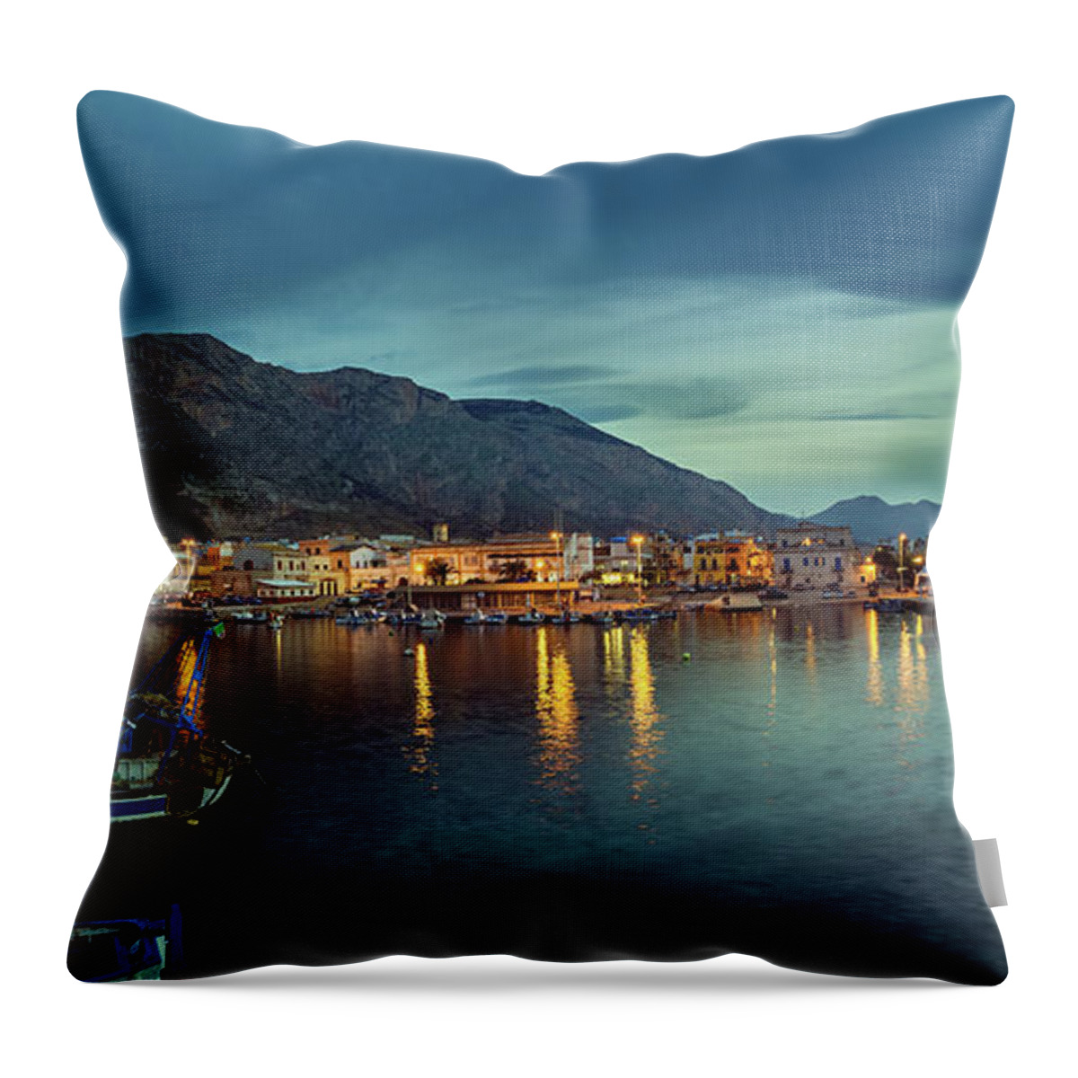 Isola Delle Femmine Throw Pillow featuring the photograph Isola delle Femmine Harbour Panorama by Ian Good