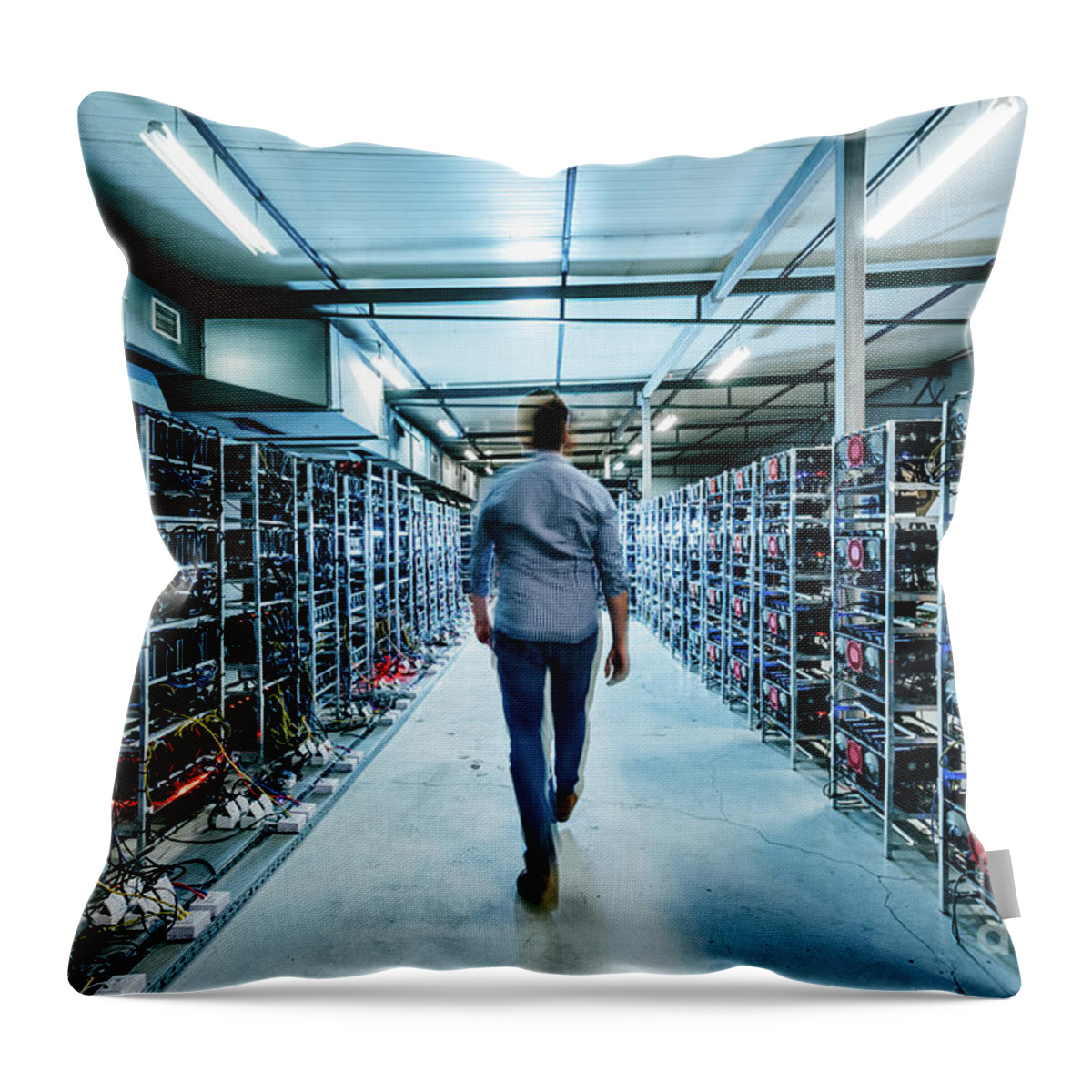 Business Throw Pillow featuring the photograph IT business owner walking in high tech data center full of servers and computers. by Michal Bednarek