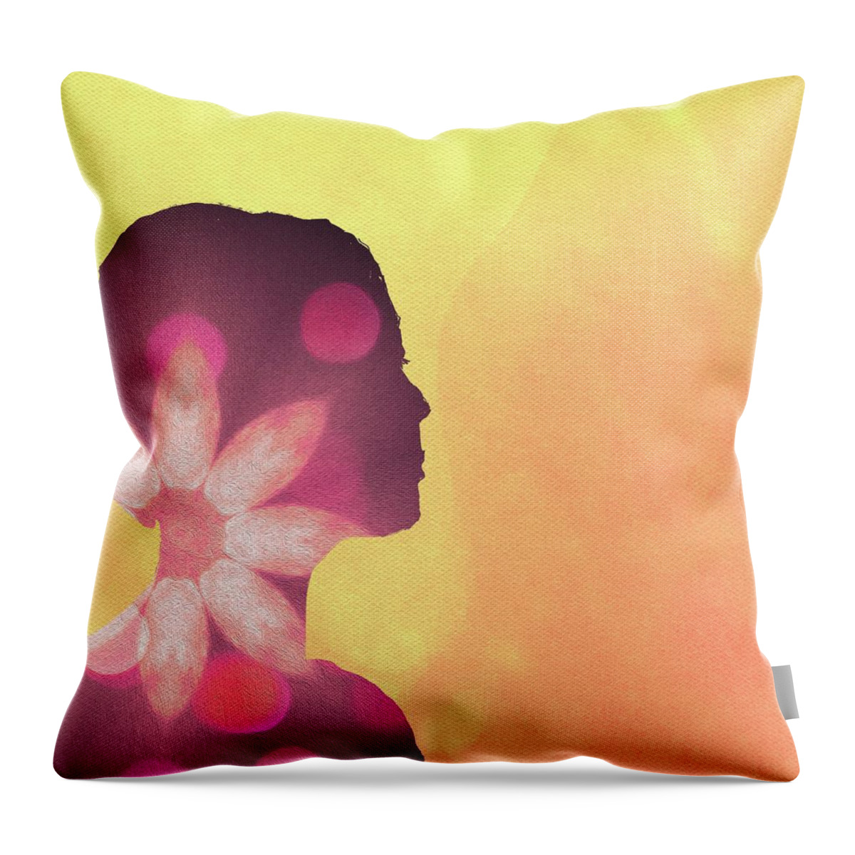 Pink Throw Pillow featuring the mixed media It reminds me pink flower portrait yellow background by Itsonlythemoon