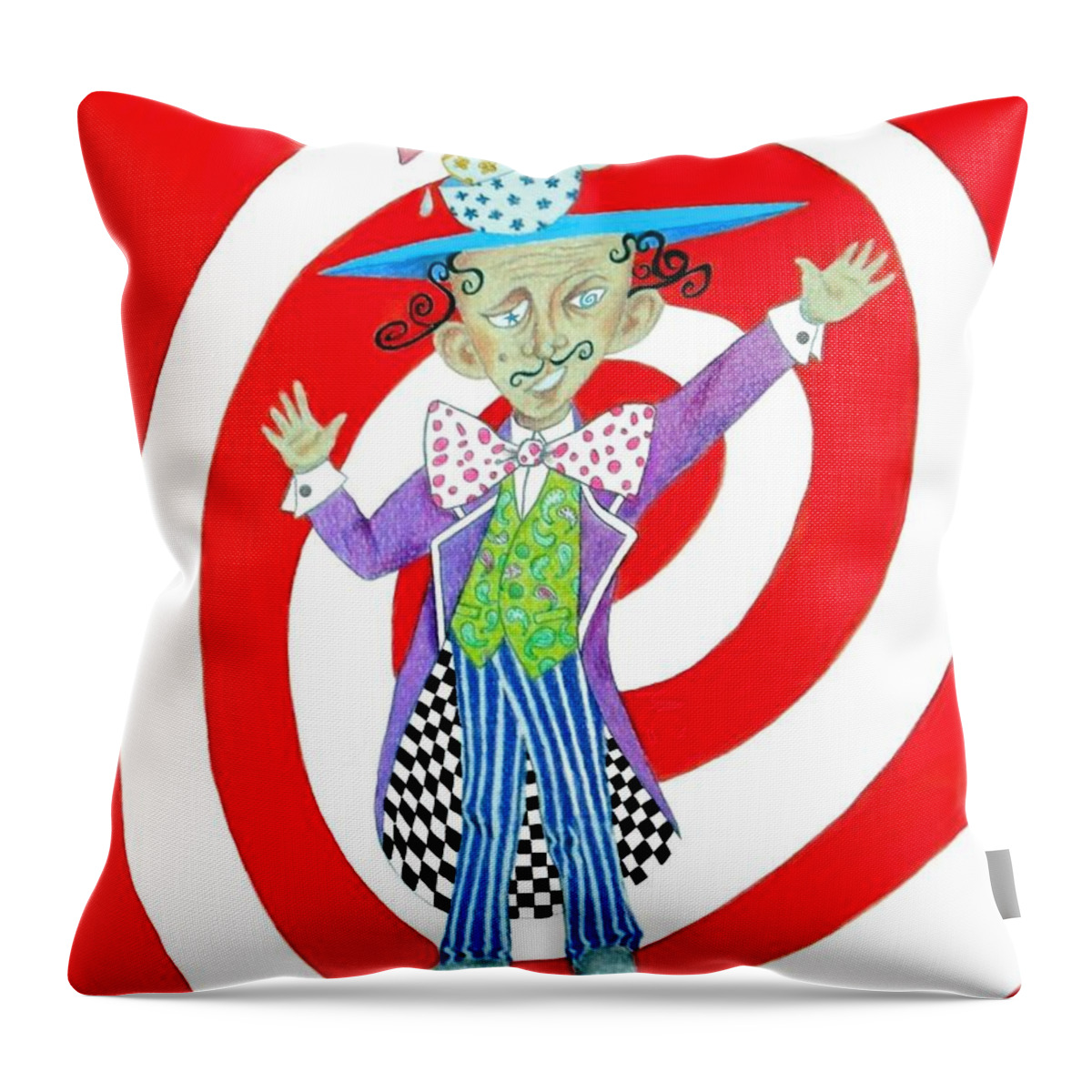 Mad Hatter Throw Pillow featuring the drawing It's a Mad, Mad, Mad, Mad Tea Party -- humorous Mad Hatter portrait by Jayne Somogy