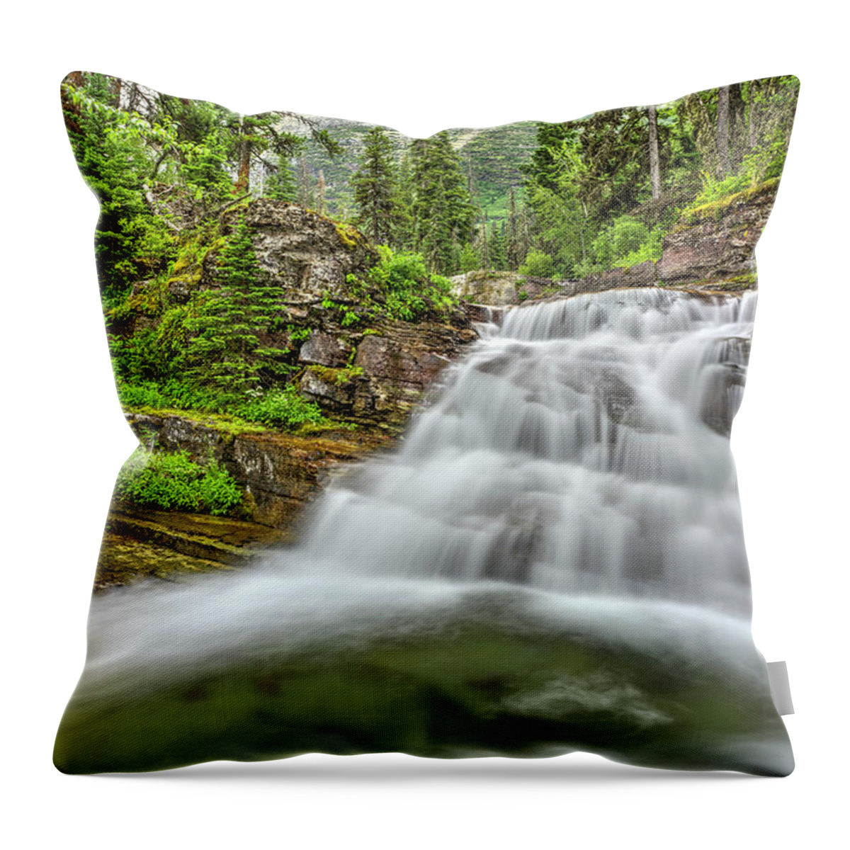 Mountain Waterfall In Glacier National Park Throw Pillow featuring the photograph Its all so splendid by Carolyn Hall