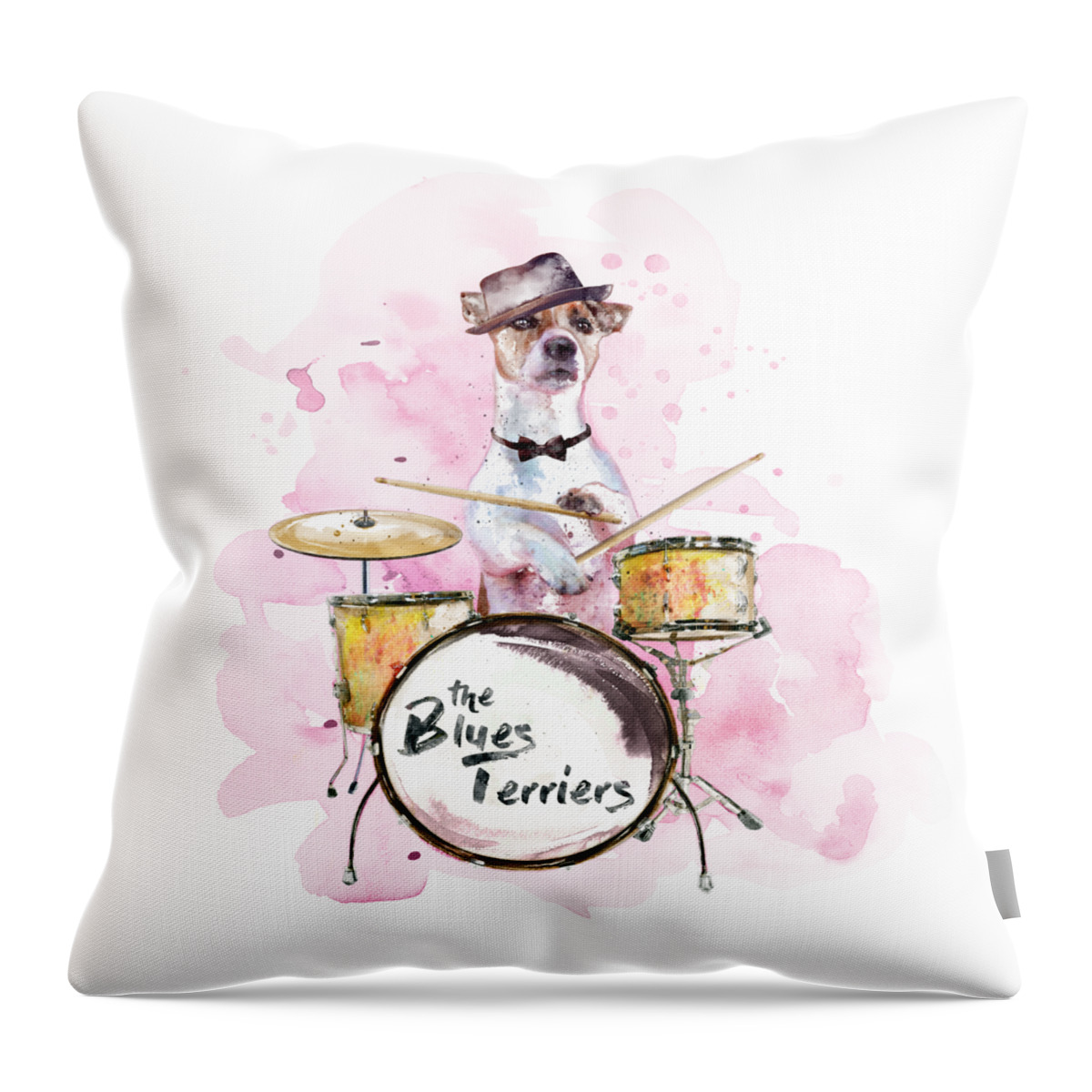 Marian Voicu Throw Pillow featuring the painting Jack Russell Terrier Playing Drums by Marian Voicu