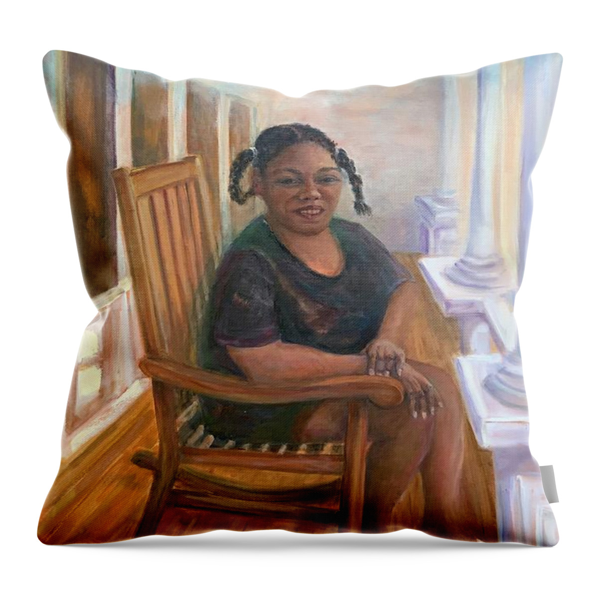Ala Moana Surf Hotel Throw Pillow featuring the painting Jackie on the Front Porch by Margaret Elliott
