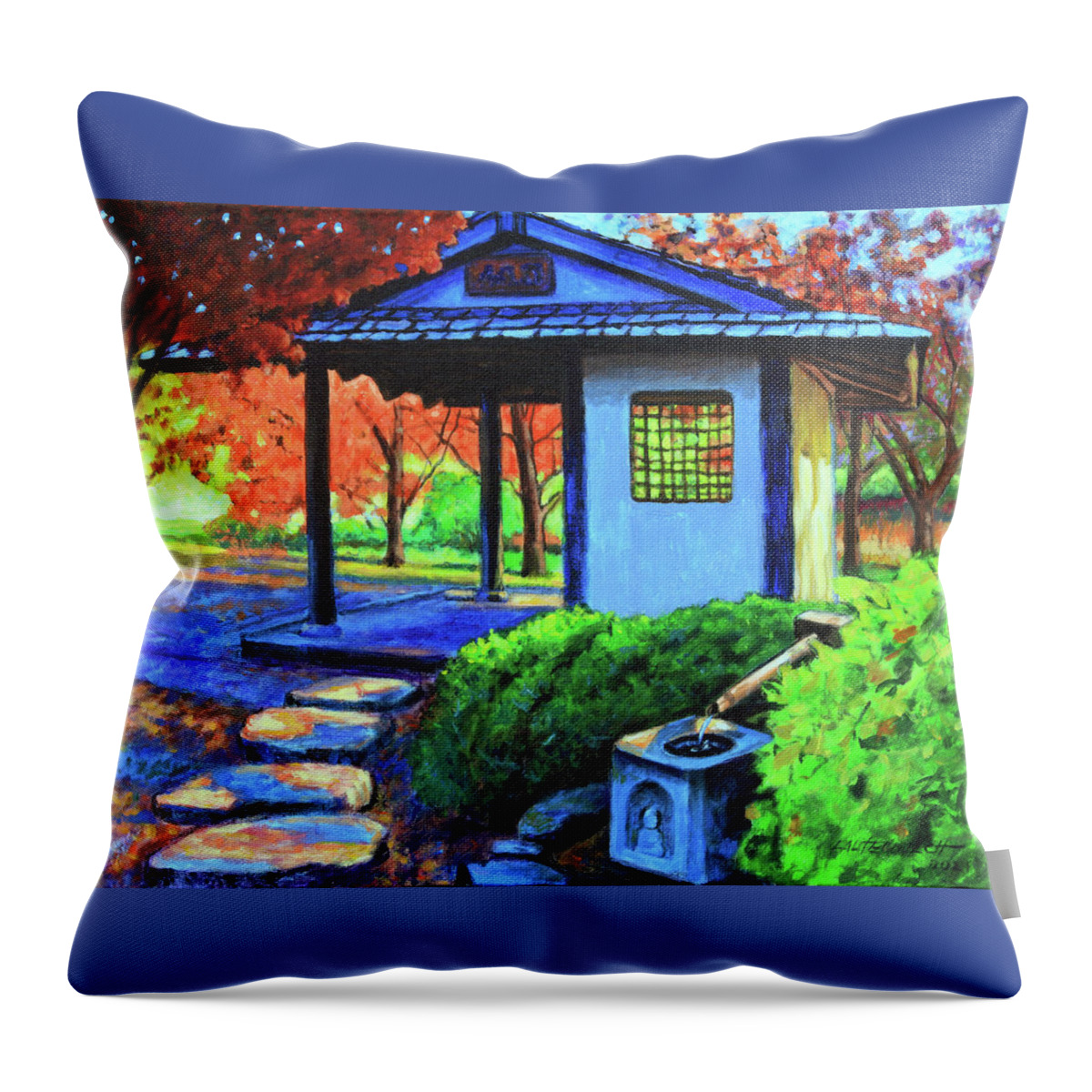 Gazebo Throw Pillow featuring the painting Japanes Garden Pavilion by John Lautermilch