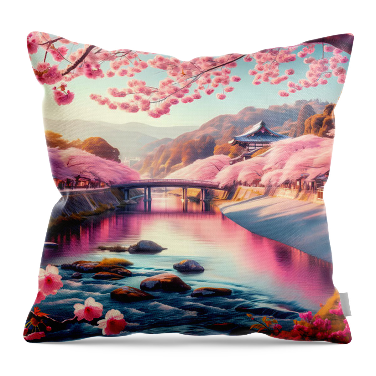 Cherry Throw Pillow featuring the digital art Japanese Cherry Blossoms, A serene scene of cherry blossoms along a river in Kyoto by Jeff Creation