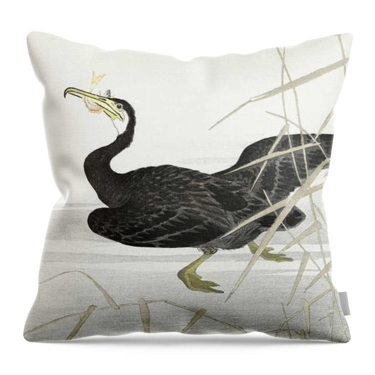 Bird Throw Pillow featuring the painting Japanese cormorant catching fish by Ohara Koson