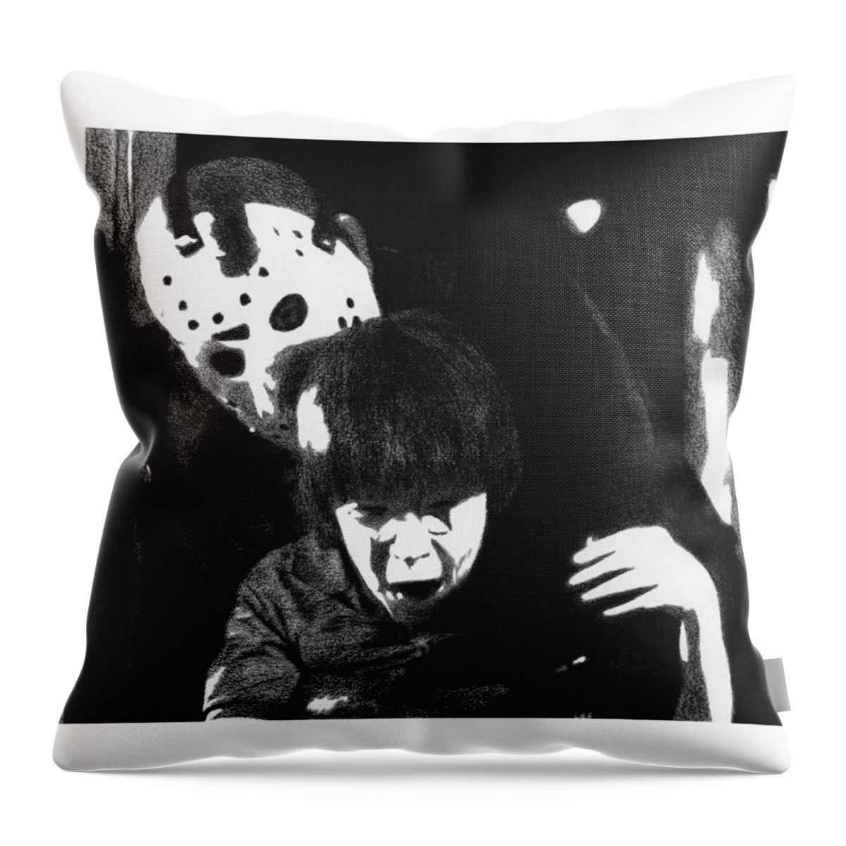 Friday The 13th Throw Pillow featuring the drawing Jason and Tommy by Mark Baranowski