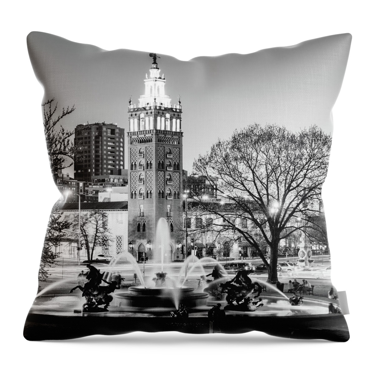 Jc Nichols Fountain Throw Pillow featuring the photograph JC Nichols Fountain and Kansas City Plaza - Black and White 1x1 by Gregory Ballos