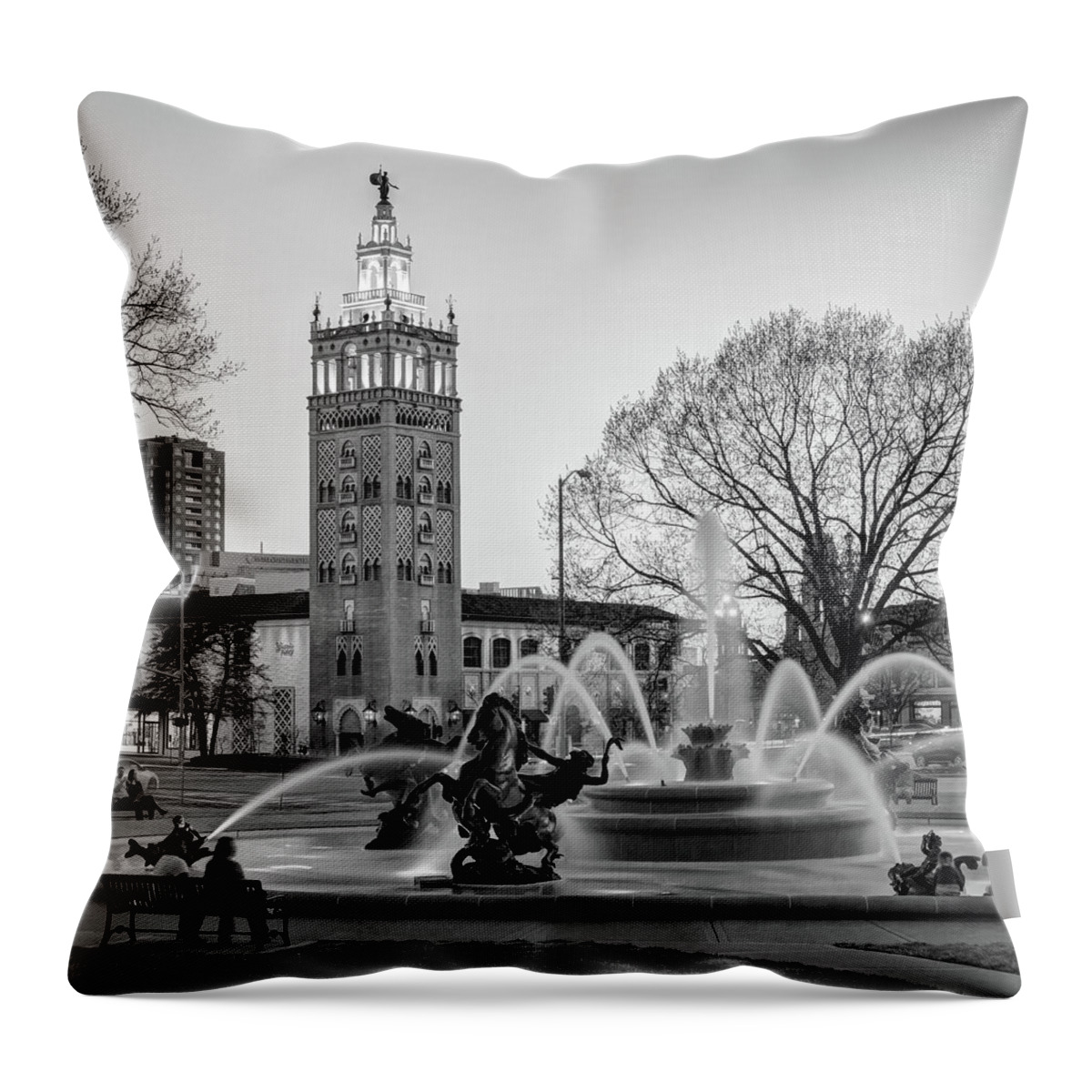 America Throw Pillow featuring the photograph J.C. Nichols Memorial Fountain in the Plaza - Kansas City BW Square Format by Gregory Ballos