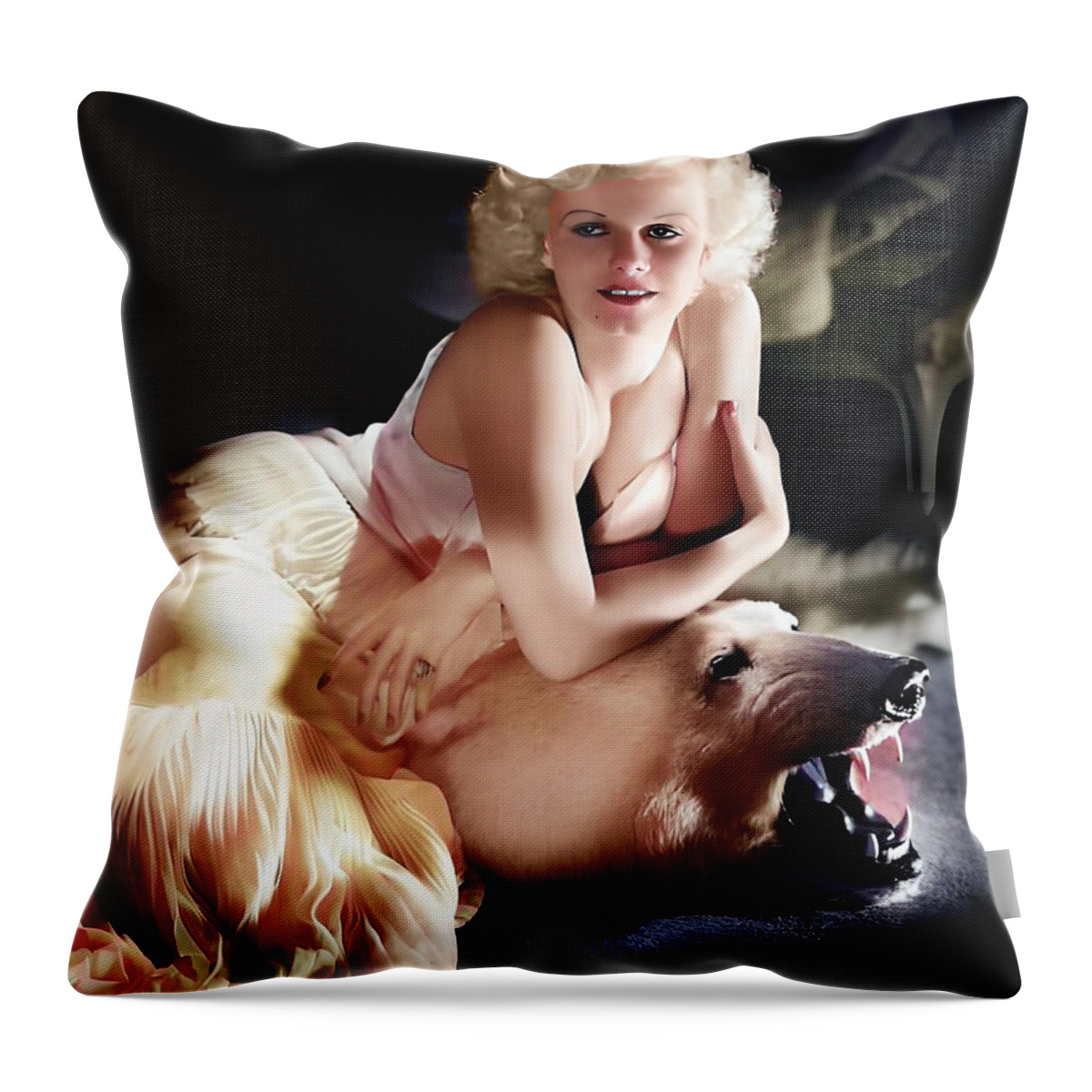 Jean Harlow Throw Pillow featuring the digital art Jean Harlow on Bear Skin by Chuck Staley