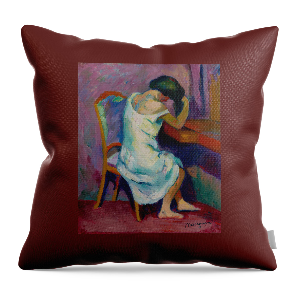 Henri Manguin Throw Pillow featuring the painting Jeanne Doing Her Hair by Henri Manguin