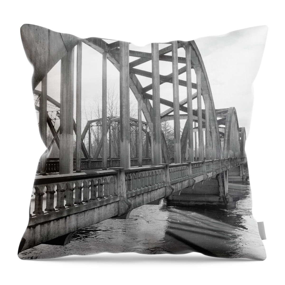 Jefferson Bridge Throw Pillow featuring the pyrography Jefferson Bridge, OR by Mike Bergen