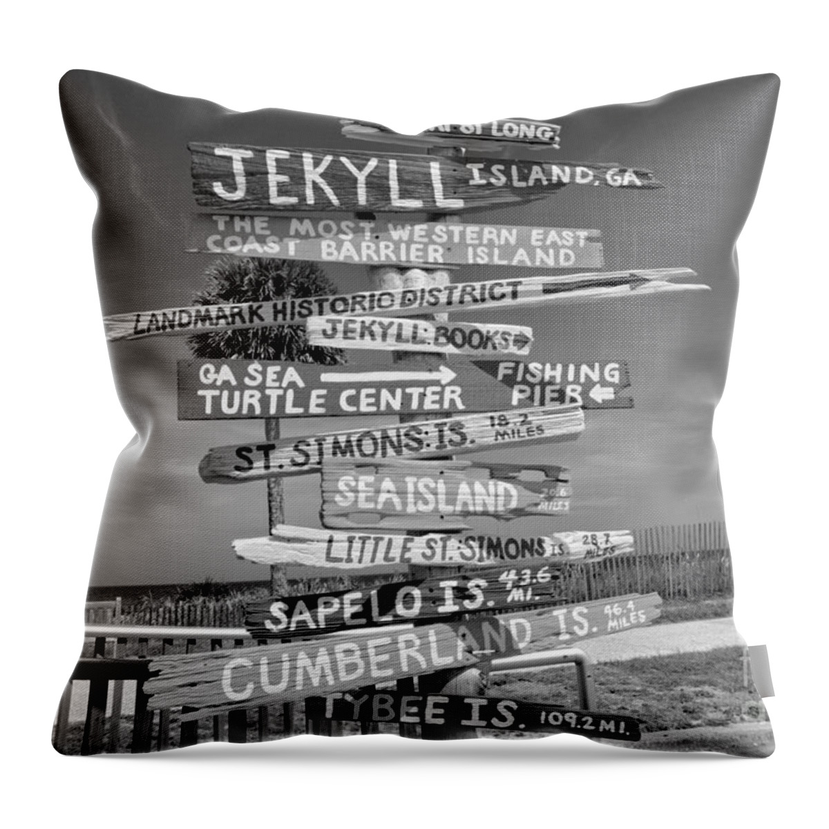 Jekyl Throw Pillow featuring the photograph Jekyll Island Beach Signs Black And White by Adam Jewell