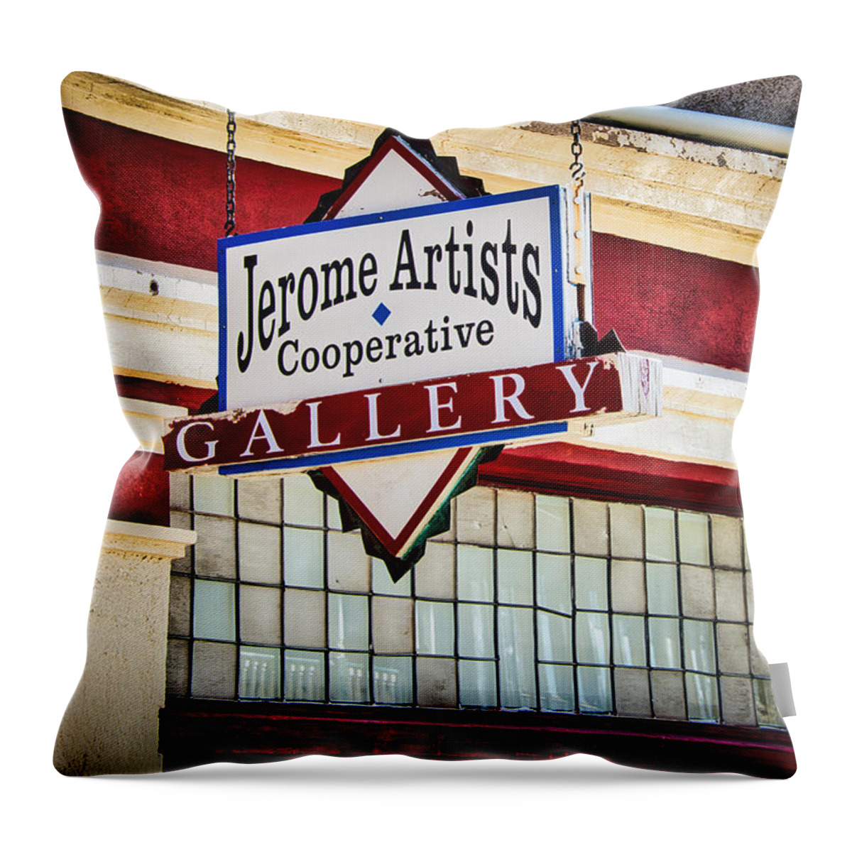 Jerome Throw Pillow featuring the photograph Jerome Artists Cooperative Gallery Sign - Arizona by Stuart Litoff