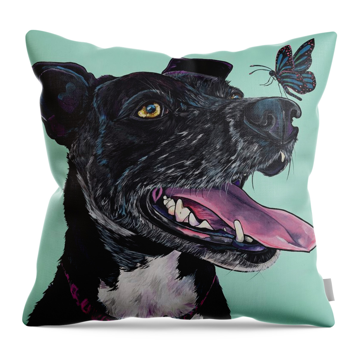 Black Dog Throw Pillow featuring the painting Dog and Butterfly by Patti Schermerhorn