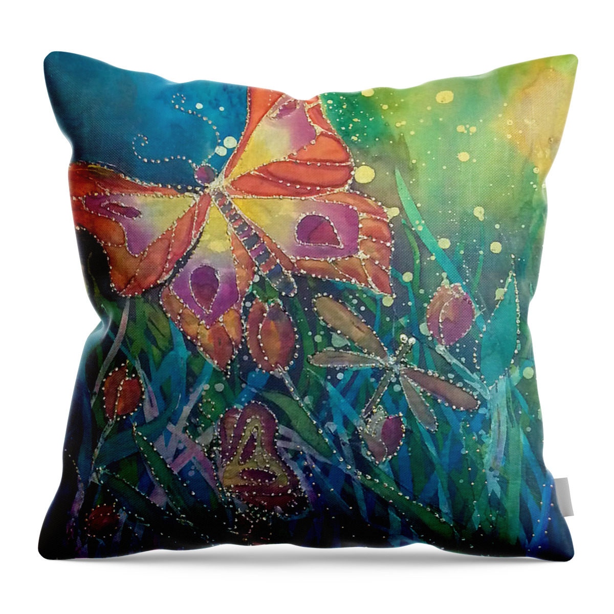 Silk Painting Throw Pillow featuring the painting Jeweled Butterfly Fantasy by Francine Dufour Jones