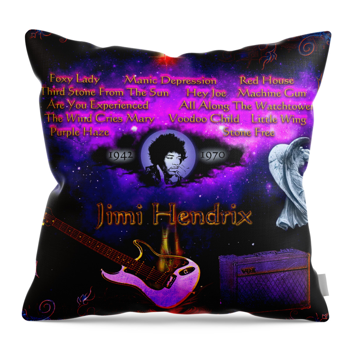 Purple Throw Pillow featuring the digital art Jimi Hendrix by Michael Damiani