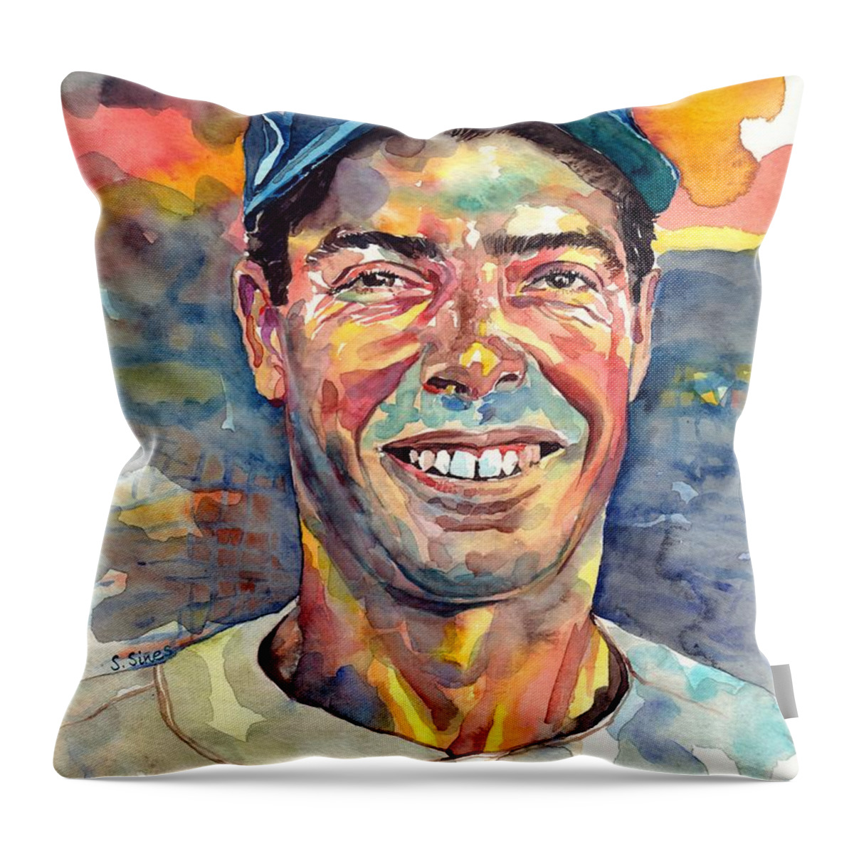 Joe Dimaggio Throw Pillow featuring the painting Joe DiMaggio Portrait by Suzann Sines
