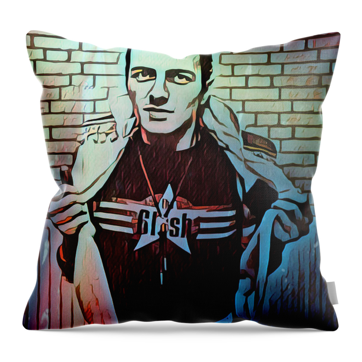 Joe Strummer Throw Pillow featuring the digital art Joe Strummer Portrait by Christina Rick