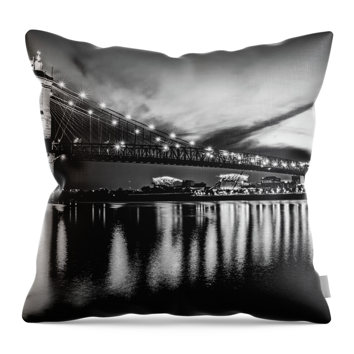 Cincinnati Ohio Throw Pillow featuring the photograph John A. Roebling Bridge On The Ohio River - Cincinnati Monochrome by Gregory Ballos