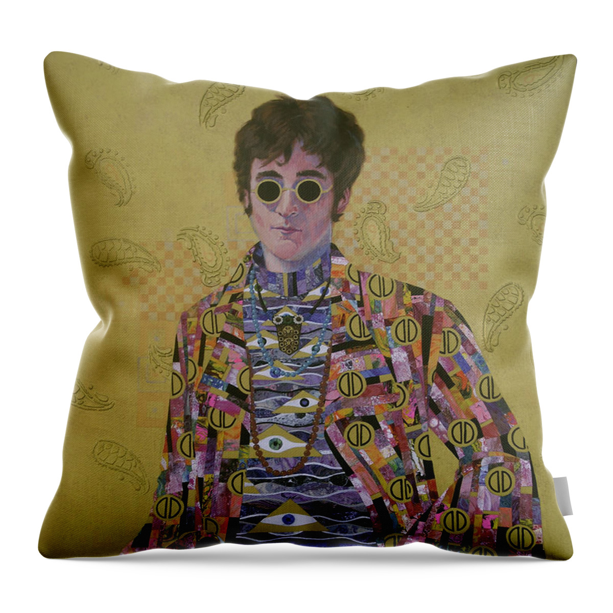 John Lennon Throw Pillow featuring the painting John Lennon and the Amazing Technicolor Klimt Coat by Marguerite Chadwick-Juner