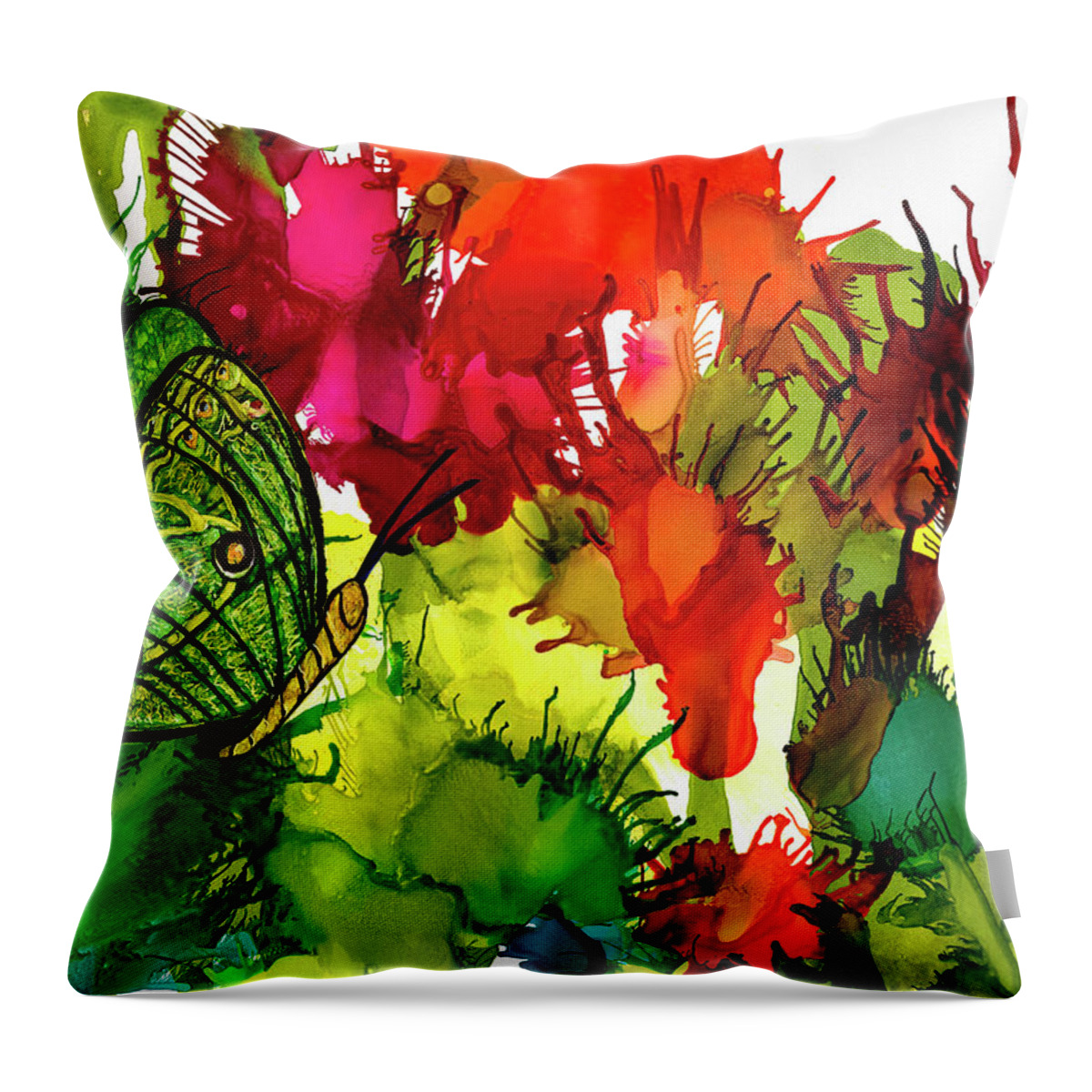 Abstract Throw Pillow featuring the painting Joyful Explosion Colorful Flowers and Butterfly Alcohol Ink by Deborah League