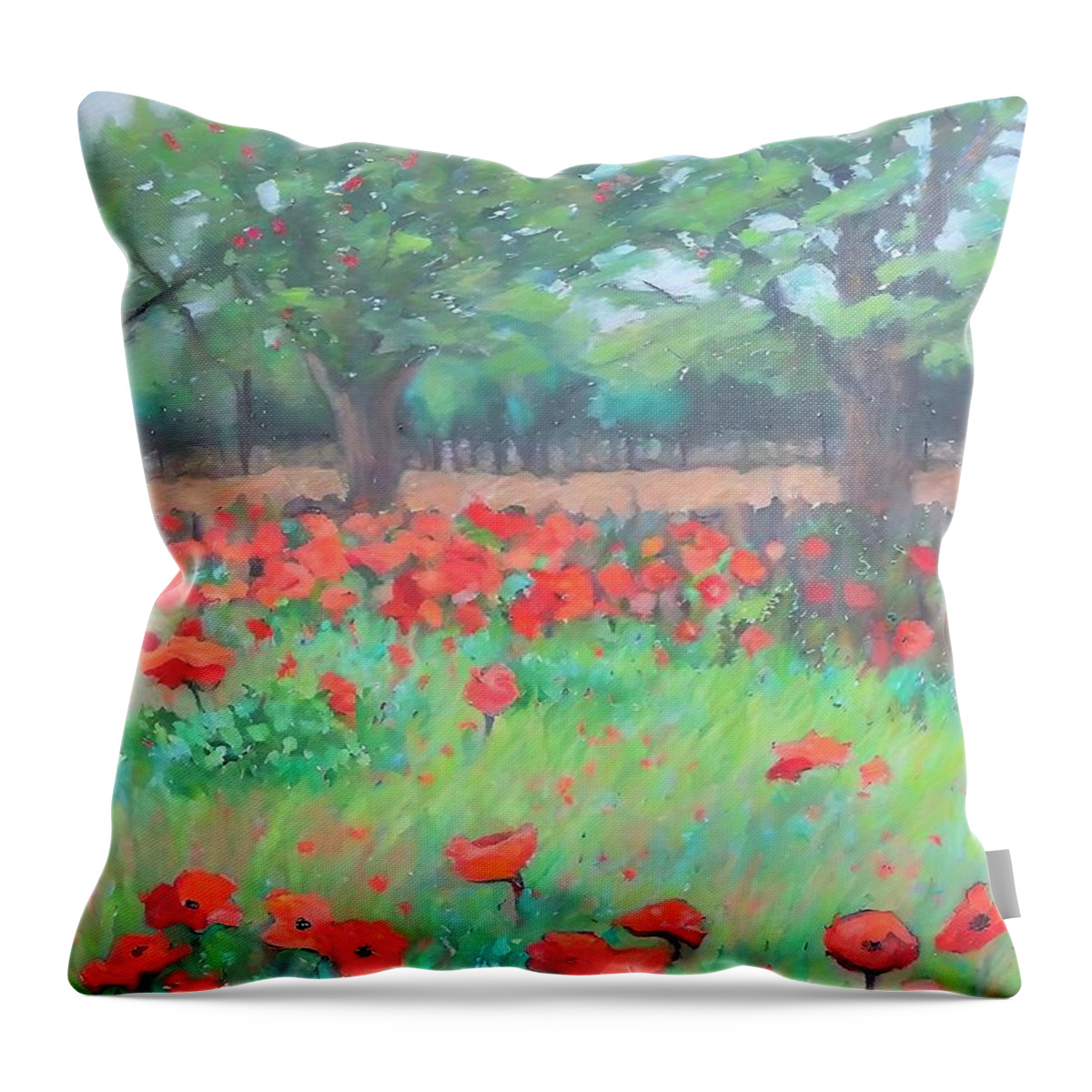Poppies Throw Pillow featuring the painting June Painting poppies summer trees oilpainting flowers poppy field grass landscape nature original acryl agriculture aqua aquarelle art artistic background beautiful bloom blossom brandenburg canvas by N Akkash